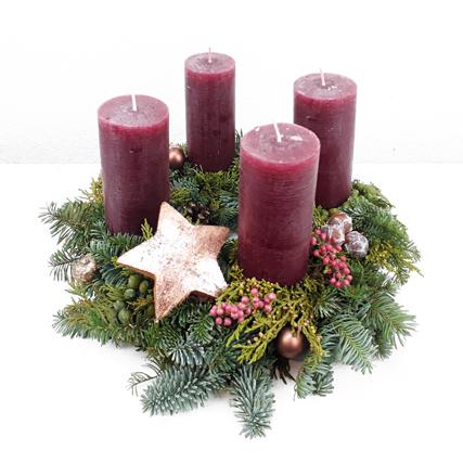 Bordeaux Kerzen, Kokosstern, rosa Pfeffer, Nobilistanne, Scheinzypresse, Juniperus